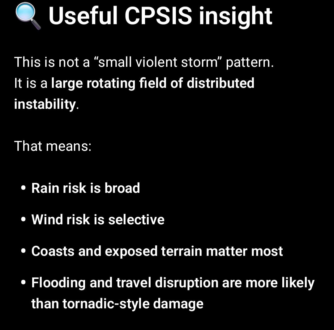 HEIS_Tswvlis's tweet image. 🌍 #CPSIS v4.2 —Large-Scale #Atlantic #Low Heading to #Europe

🌀 System Type:
Mature extratropical cyclone

Broad circulation, multi-band structure

Not a convective outbreak → more synoptic-scale forcing (2 of 2)

4/21/2026
#CapstoneStabilityTheorem