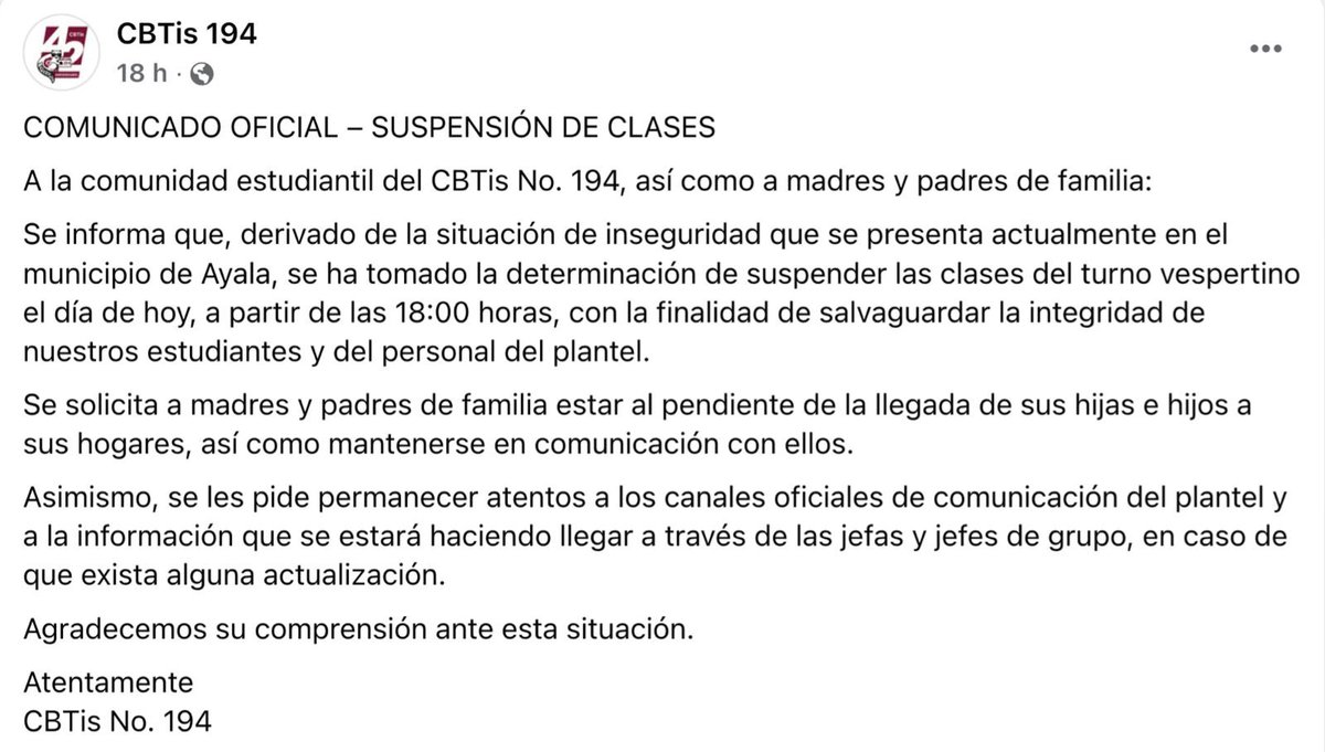 DOA_MX's tweet image. ¡Por inseguridad! 🏫🚨 El CBTis 194 de #Ayala suspende clases del turno vespertino para proteger a alumnos y personal. 🛡️⚠️
La medida ocurre tras hechos violentos en la comunidad de Anenecuilco. Piden a padres de familia mantenerse comunicados. 📱👪
#Morelos #Seguridad