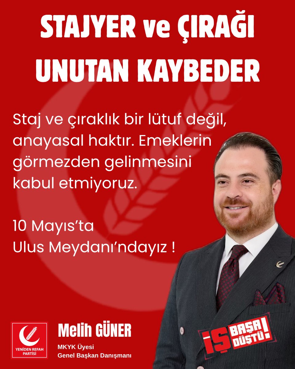 10 Mayıs’ta Ulus Meydanı’ndayız ‼️

<a href="/erbakanfatih/">Dr. Fatih Erbakan</a> <a href="/magdursuztoplum/">Toplumsal Mağduriyetler Kurulu</a> 

#StajyerÇırağıUnutanKaybeder