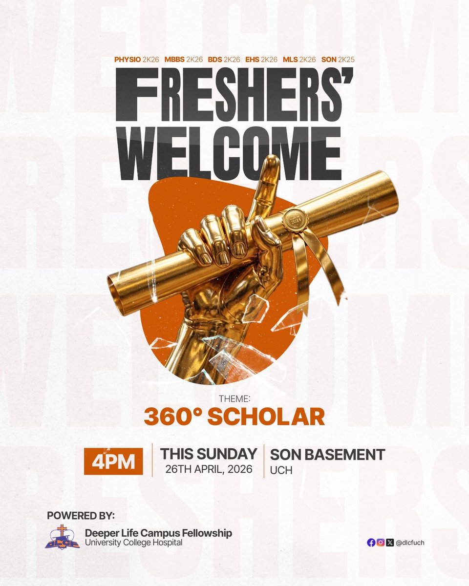 dlcfuch's tweet photo. Are you a Fresher?🤩
Did you just get admission or cross to UCH?

Ever wondered what life in UCH would be if you had every part of your studies figured out to a T?

You're in luck!

Join us this Sunday!🫵

📍: SON Basement, UCH
🗓️: Sunday, 26th April, 2026
🕔: 4:00 PM https://t.co/JehxeEdtYT