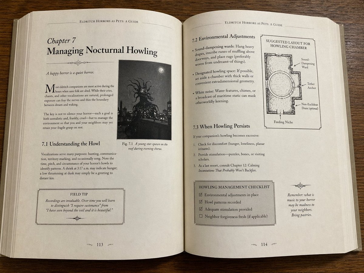 emollick's tweet image. Same prompts as before, but now in GPT image-generator 2, page excerpts from:

"Eldritch Horrors as Pets: A Guide"
"How Womblenauts Work"
"Photographs of the People of New York Who Look Like Birds" 
"Cakes shaped like fish shaped like cakes"

Lots of great little lines in there