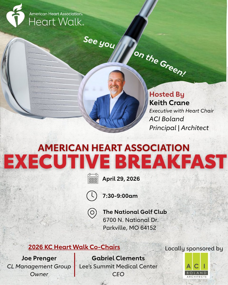 AHAKansas's tweet photo. ⛳️ Save the date
Executive with Heart Breakfast
📍 April 29 | 7:30-9am | The National Golf Club

Big impact starts with mornings like this....breakfast and a round of golf
Locally Hosted by: Keith Crane, Principal &amp; Architect @aciboland

👉 For more info: Amanda.Nichols@heart.org https://t.co/voKuwjqsRH