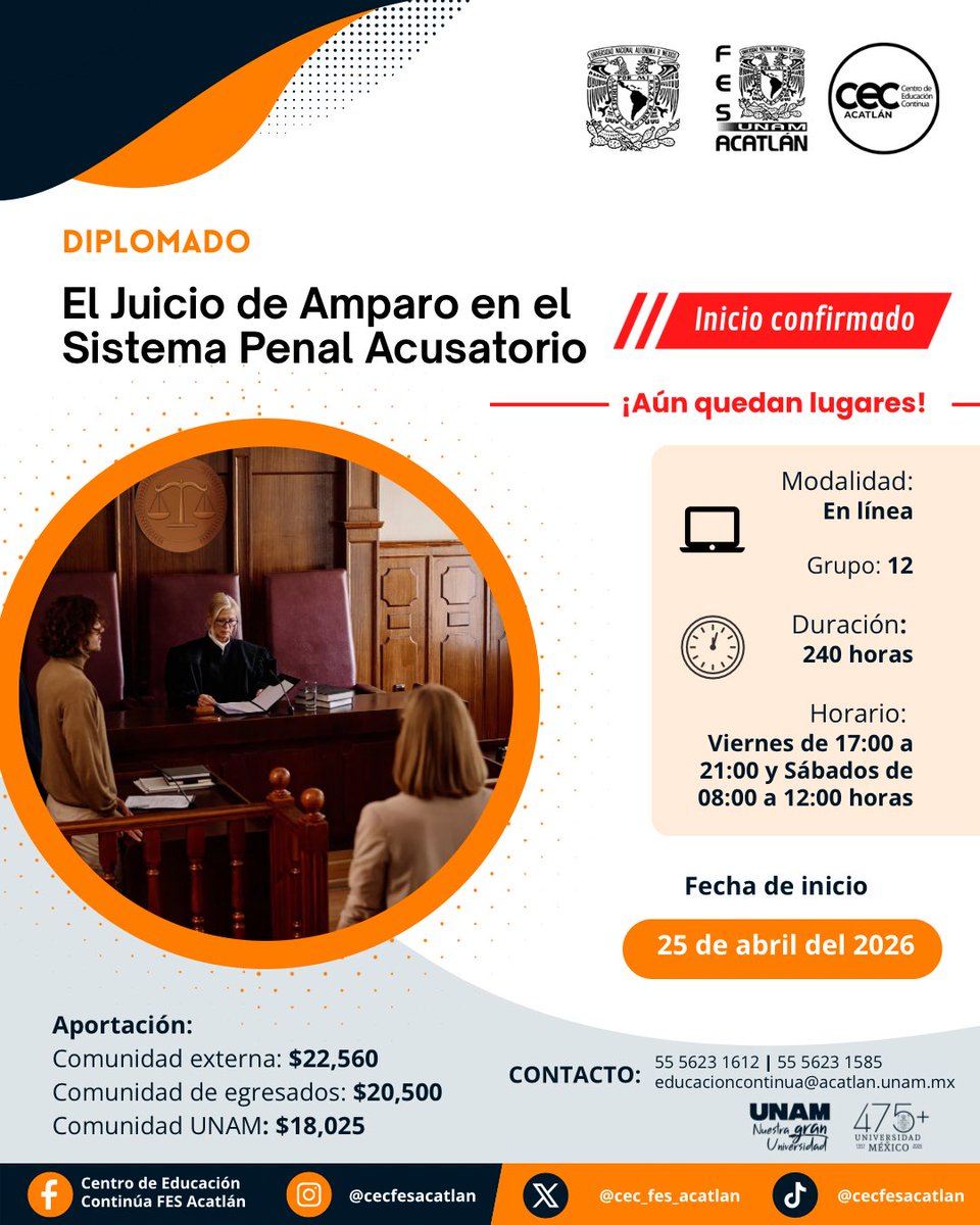 CEC_FES_ACATLAN's tweet image. #Diplomado: El juicio de Amparo en el Sistema Penal Acusatorio

👨‍⚖️ El Juicio de Amparo es la herramienta jurídica más poderosa para combatir actos arbitrarios y asegurar que el debido proceso sea una realidad, no solo una intención.

#JuicioAmparo #SistemaPenal #Derecho #UNAM