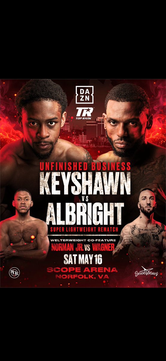 vic_eubank's tweet image. TOP RANK NORFOLK VIRGINIA CARD‼️🥊
Main Event 
Keyshawn Davis vs Nahir Albright 2
Co Main
Brian Norman Jr vs Josh Wagner 
Also on Card 
Kelvin Davis vs Pete Dobson 
Yan Santana vs Christian Chacon Cruz 
Dedrick Crocklem vs Eric Howard 
Keon Davis vs TBA 
#DavisAlbright #TopRank