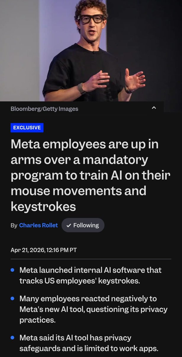 CharlesRollet1's tweet image. Scoop! Meta staff are outraged over a new program that trains AI off their keystrokes and mouse movements.

"This makes me super uncomfortable. How do we opt out?" was the top-rated comment in response.

"There is no option to opt out," Boz wrote to a slew of angry-face emojis.