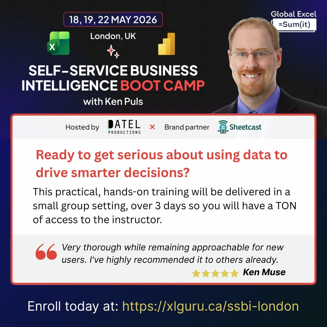 kpuls's tweet image. Less than a month to go until my LIVE #SelfServiceBI Boot Camp! There are still a few spots to join me on May 18, 19, and 22. This course is for anyone who wants to harness the full potential of the #BusinessIntelligence tools in #Excel and #PowerBI! Go to xlguru.ca/ssbi-london