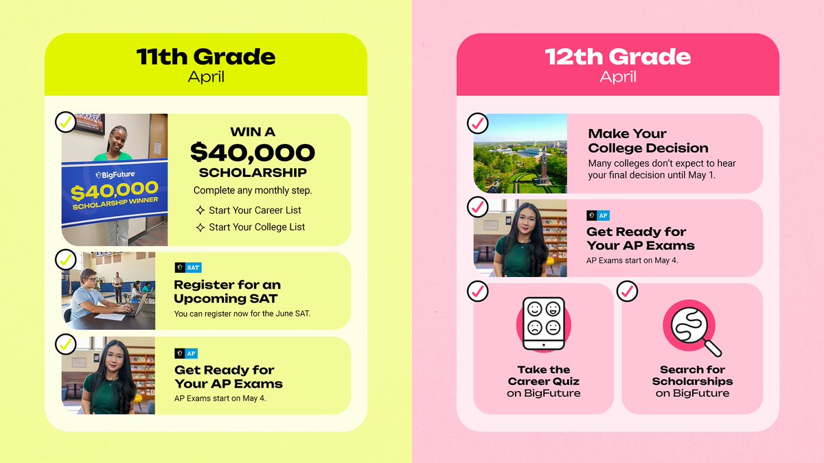 MyBigFuture's tweet image. Help students stay on top of their goals this month — share our April checklist. 📋✅

9th Grade: spr.ly/6011BBBC43
10th Grade: spr.ly/6013BBBC4P
11th Grade: spr.ly/6015BBBC4R
12th Grade: spr.ly/6016BBBC4r

#collegeplanning #careerplanning #goalsetting