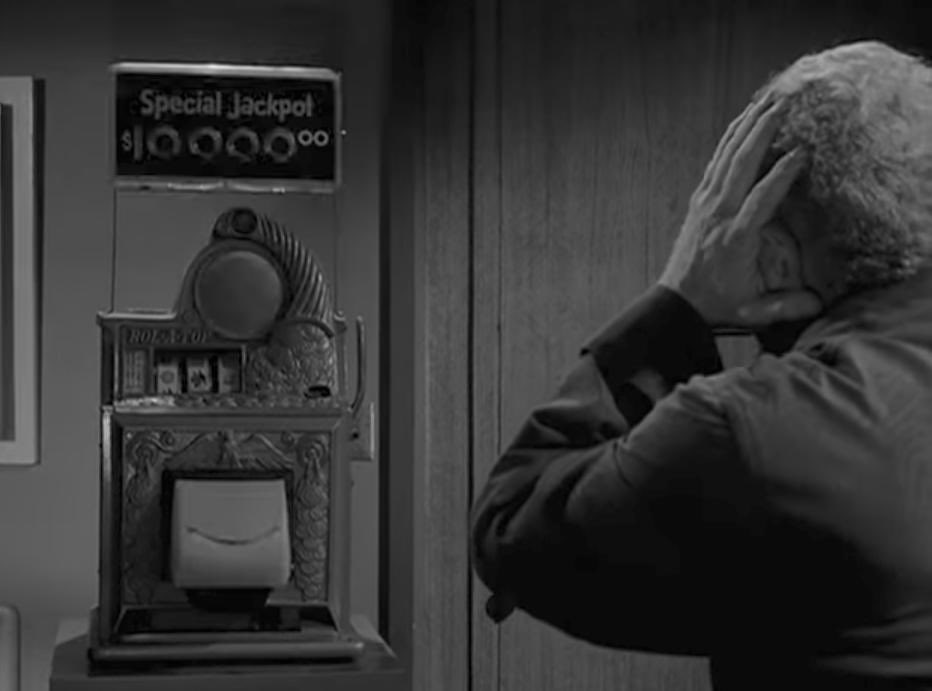 This is literally a Twilight Zone episode titled The Fever where a slot machine chases an old man and he falls out of a window.