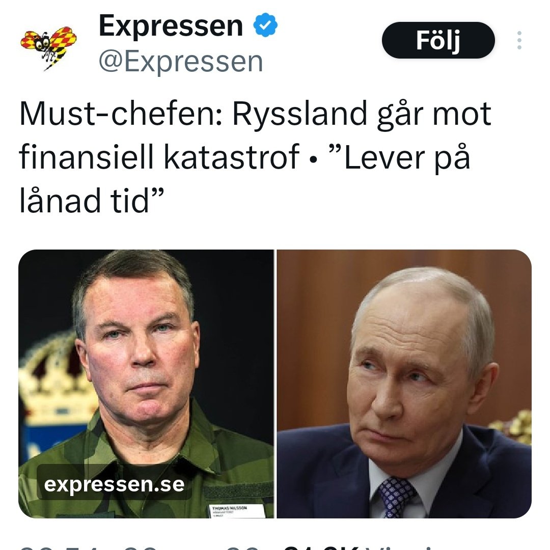 Rysslands statsskuld runt 18–20 % av BNP, EU-snittet över 80 %. Det är EU som lever på lånad tid, sjunker som titanic. 🚢💥