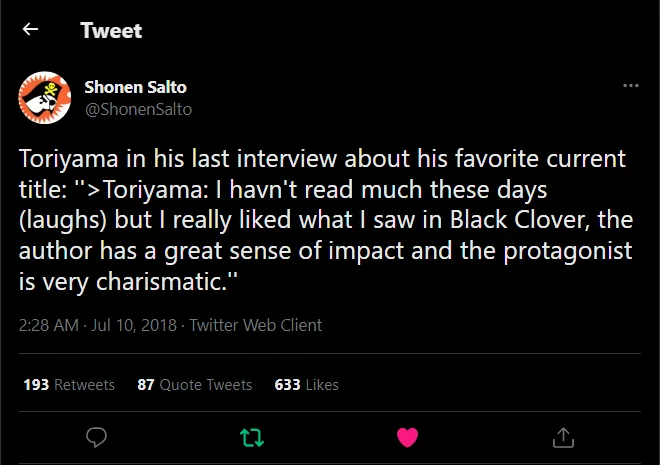 Whirlwind64's tweet photo. @Deelaw_17 Since we're using Dragon ball as a reference for all the great shonens that came after it, they I'll also use it as a reference for what Shonen is a cut above the rest of them (For me it's juggle between Black Clover and One Piece, since Toriyama liked Black clover the most🙂) https://t.co/DmU3X0LsLb