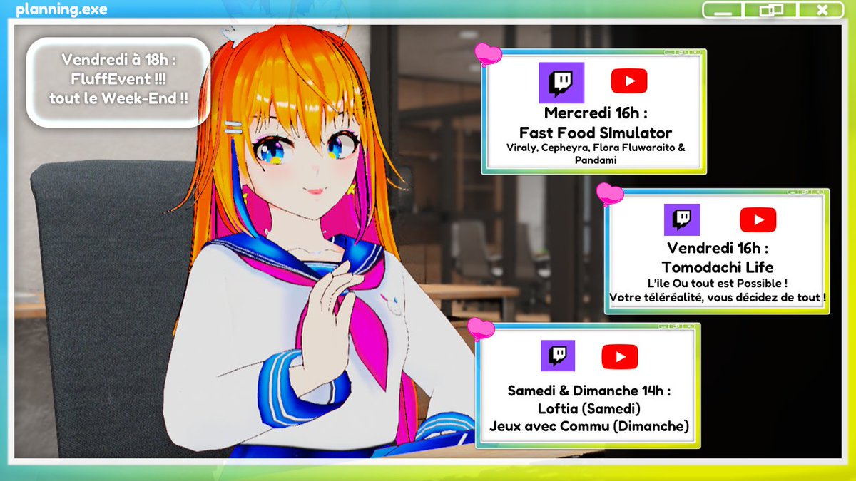 Ponoki_Chan's tweet photo. 📅PLANNING📅
Mercredi 16h : Fast Food Simulator avec @FloraFluwaraito @Cepheyra @ViralyV2 @Pandami_San 
Vendredi 16h : Votre téléréalité sur Tomodachi life à ne pas rater !
18h : Début du FluffEvent !
Samedi 14h : Découverte Loftia !
Dimanche 14h : Dimanche PonoParty !! https://t.co/p4vTnxB4x1