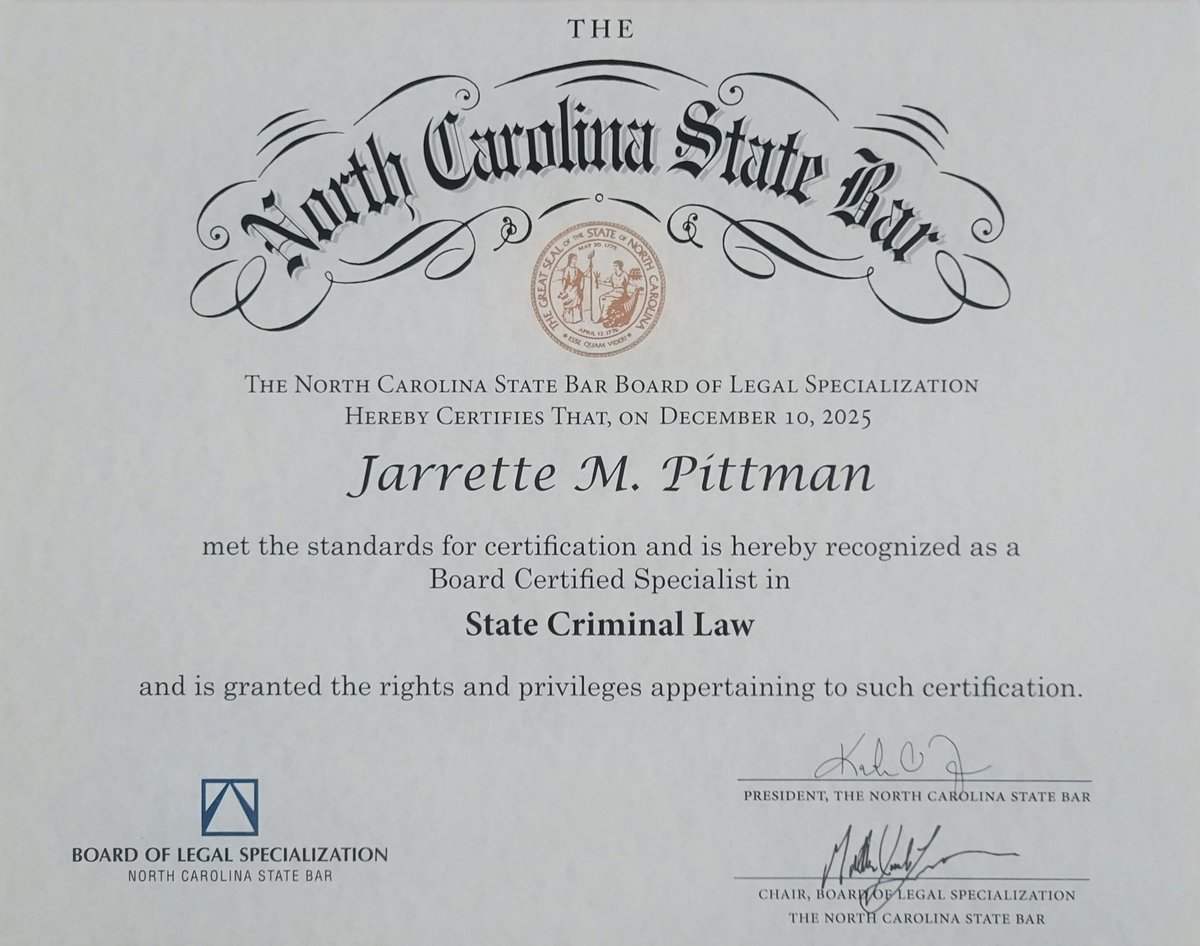 JMPLawOffice's tweet photo. Proof that writing down your goals and staying prayed up works.
Now officially a Board Certified Specialist in State Criminal Law.
The journey was worth it.
#NC #CriminalLaw #BoardCertified #TrialLawyer https://t.co/MBLaYIMMld