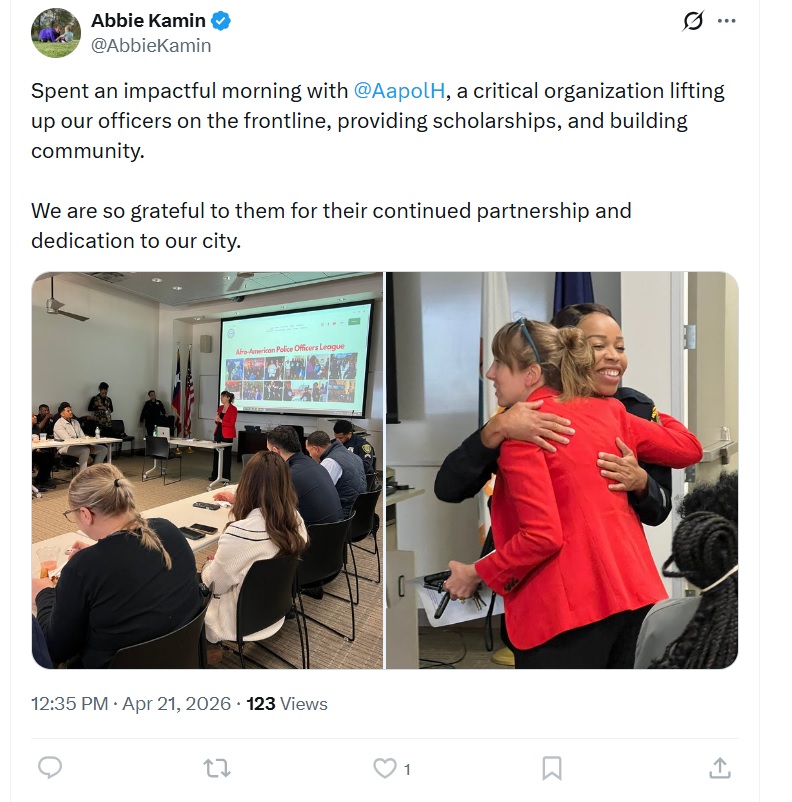 Luzbel2040's tweet image. Another photo-op hug of la #jirafonaFientona with the “right” cops for the gram while Houston burns. AAPOL scholarships? Cute taxpayer-funded optics. #VirtueSignaling #PanderingForVotes #HoustonClownShow #KaminClowShow #AbbieKamin