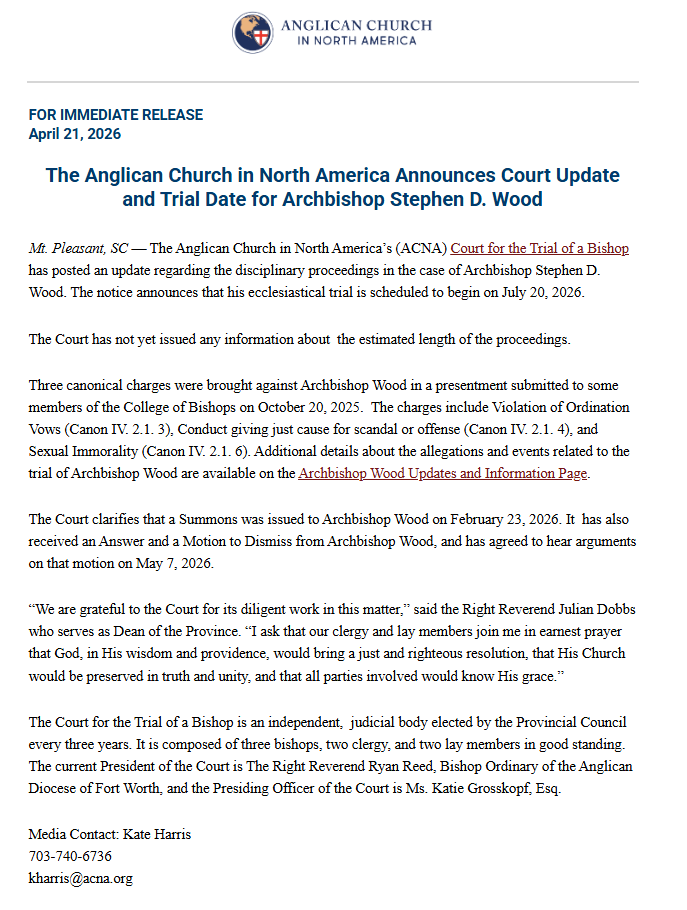 ArlieColes's tweet photo. ACNA news: the trial of Abp Steve Wood is scheduled to begin July 20, according to the Court for the Trial of a Bishop. The court will first hear arguments on a motion from Abp Wood to dismiss on May 7. https://t.co/ky5IFC0pnr