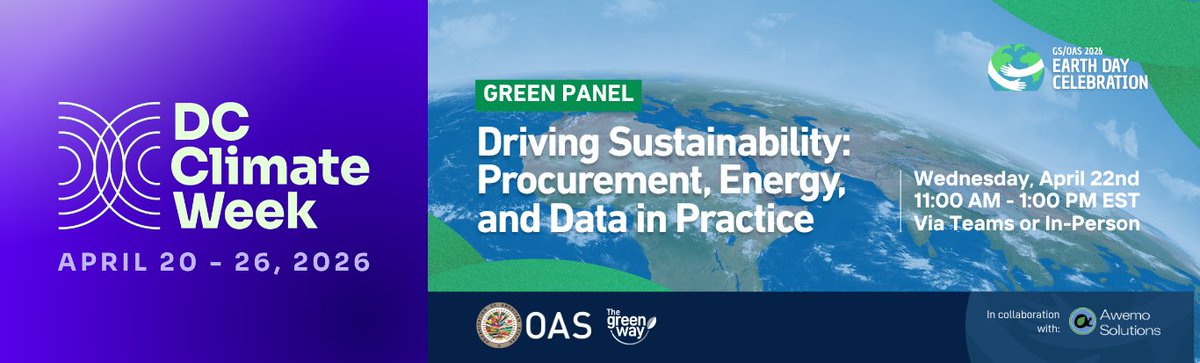 OED_OAS's tweet photo. Pleased to be part of #DCClimateWeek 🌍—a community-driven initiative uniting organizations across the region to advance climate action.

As part of this effort, the Department of General Services (OED/DGS) will host an official event at the OAS Main Building, featuring DGS Director a.i. Alexandre Rossin.

🔎 Driving Sustainability: Procurement, Energy & Data in Practice - A hybrid panel focused on practical, actionable solutions for a more sustainable future.

📅 Register here: https://t.co/vLmCo5jXMi

#Sustainability #ClimateAction