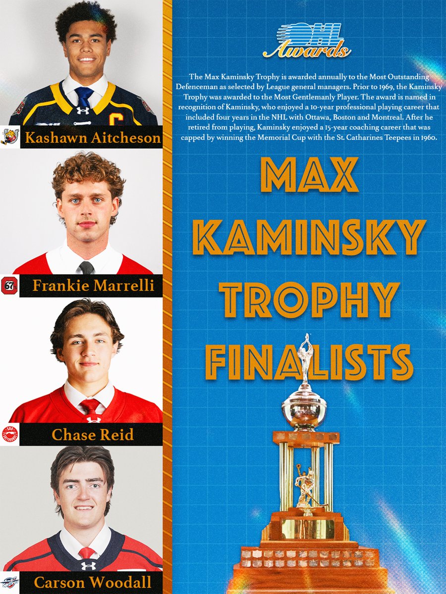 Defenceman of the Year 🏆

Aitcheson, Marrelli, Reid and Woodall are this season’s finalists for the Max Kaminsky Trophy.

DETAILS 🗞️: tinyurl.com/465z3dez

#OHLAwards | <a href="/CHLHockey/">Canadian Hockey League</a>