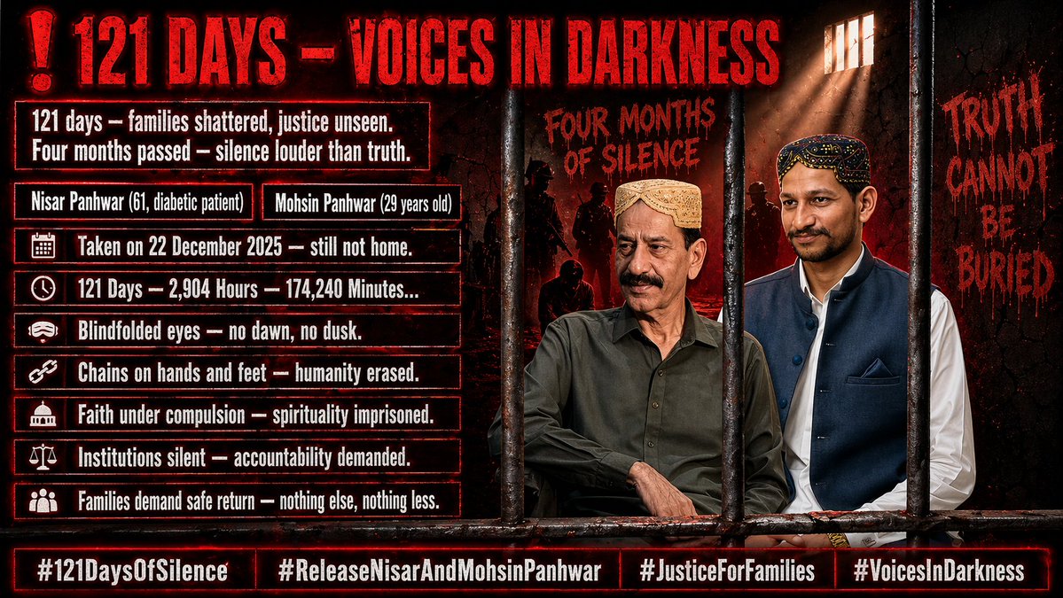 ⏳ 121 دن — تاریکی میں آوازیں..!
📢 Families shattered, justice unseen.
⚖️ Four months passed — silence louder than truth.
🚨 121 دن کی تاریکی — انصاف کا جنازہ، انسانیت کا قتل۔
Will silence bury truth forever.?
کیا سچ ہمیشہ خاموشی میں دفن رہے گا.؟
#ReleaseNisarAndMohsinPanhwar