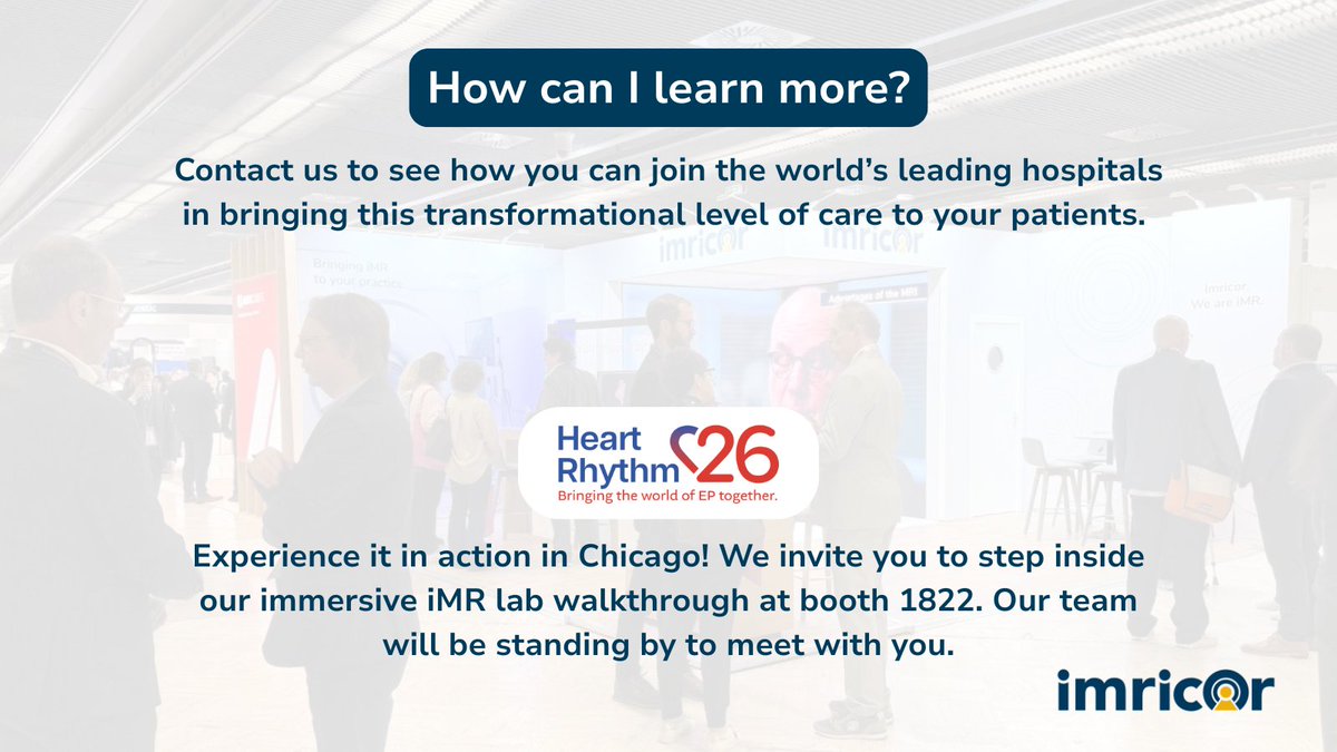 imricor's tweet photo. 📢 Q&A: We're answering your commonly asked questions!

Dive into all this and more with expert insights from clinical presentations, an immersive interventional MR lab walkthrough, and live NorthStar® Mapping System demos at hashtag#HRS2026 this week at booth 1822.

Looking for dedicated time? Schedule your Discovery Session:
https://t.co/z7jWTSVZO5

Plus, join our experts in-booth + a world's first case!

📅 Friday, April 24 at 4:00 PM
Dr. Ken Bilchick: Early experiences of real-time MRI guided cardiac ablations at UVA

📅 Saturday, April 25 at 10:30 AM
Dr. Michiel Kemme and Dr. Luuk Hopman: World’s first real-time MRI ventricular tachycardia ablation

Not all products available in all geographies.
#iMR #EPeeps #WhyCMR