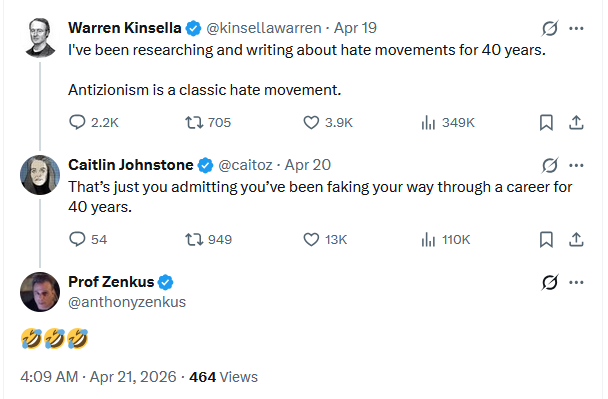 Zenkus laughing at this comment by Caitlin Johnstone shows absolutely zero self-reflection on his part.