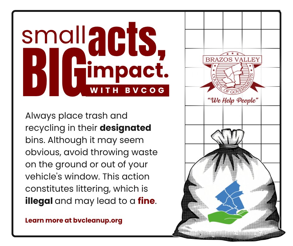 bvcog's tweet photo. This week, for our Community Clean-up Challenge, we’re getting back to the basics: keeping our waste where it belongs. It might seem simple, but avoiding that "quick toss" out the window or onto the ground keeps the Brazos Valley beautiful &amp; helps you avoid unnecessary fines!🛑🚔 https://t.co/noaHPYQu3s