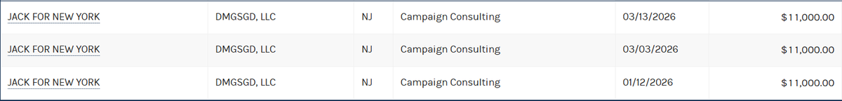 WillBredderman's tweet image. Something fun I noticed: #NY12 frontrunner Jack Schlossberg, a Democrat, has been shelling out to an NJ firm called DMGSGD, LLC for campaign consulting.
DMGSGD belongs to veteran GOP operative Michael Duhaime—an alumnus of Giuliani, Chris Christie, the NRSC, and George W. Bush