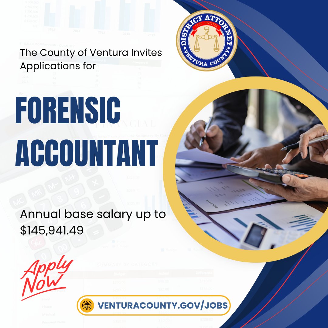 CoVenturaJobs's tweet image. The Ventura County District Attorney’s Office is now recruiting for a Forensic Accountant! 
👉 Ready to put your skills to work in a meaningful way? Apply today!
#NowHiring #VenturaCounty #ForensicAccounting #PublicService #AccountingJobs #FraudInvestigation #CareerOpportunity