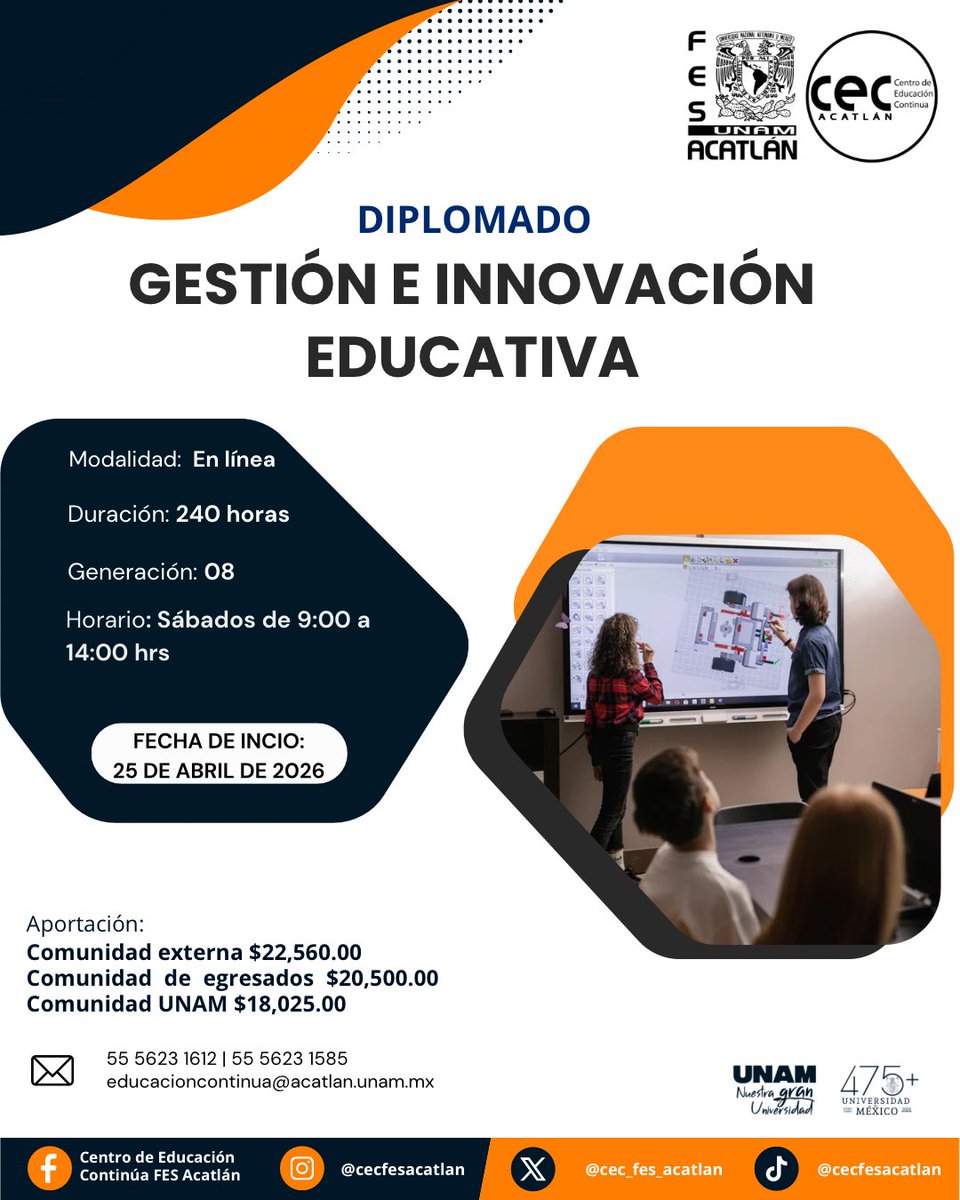 CEC_FES_ACATLAN's tweet image. #Diplomado: Gestión e innovación educativa

🎓 La gestión educativa no es solo administración; es liderazgo, diseño de proyectos y la capacidad de responder a las necesidades de aprendizaje del siglo XXI.

#Educación #Innovación #UNAM #CECAcatlán