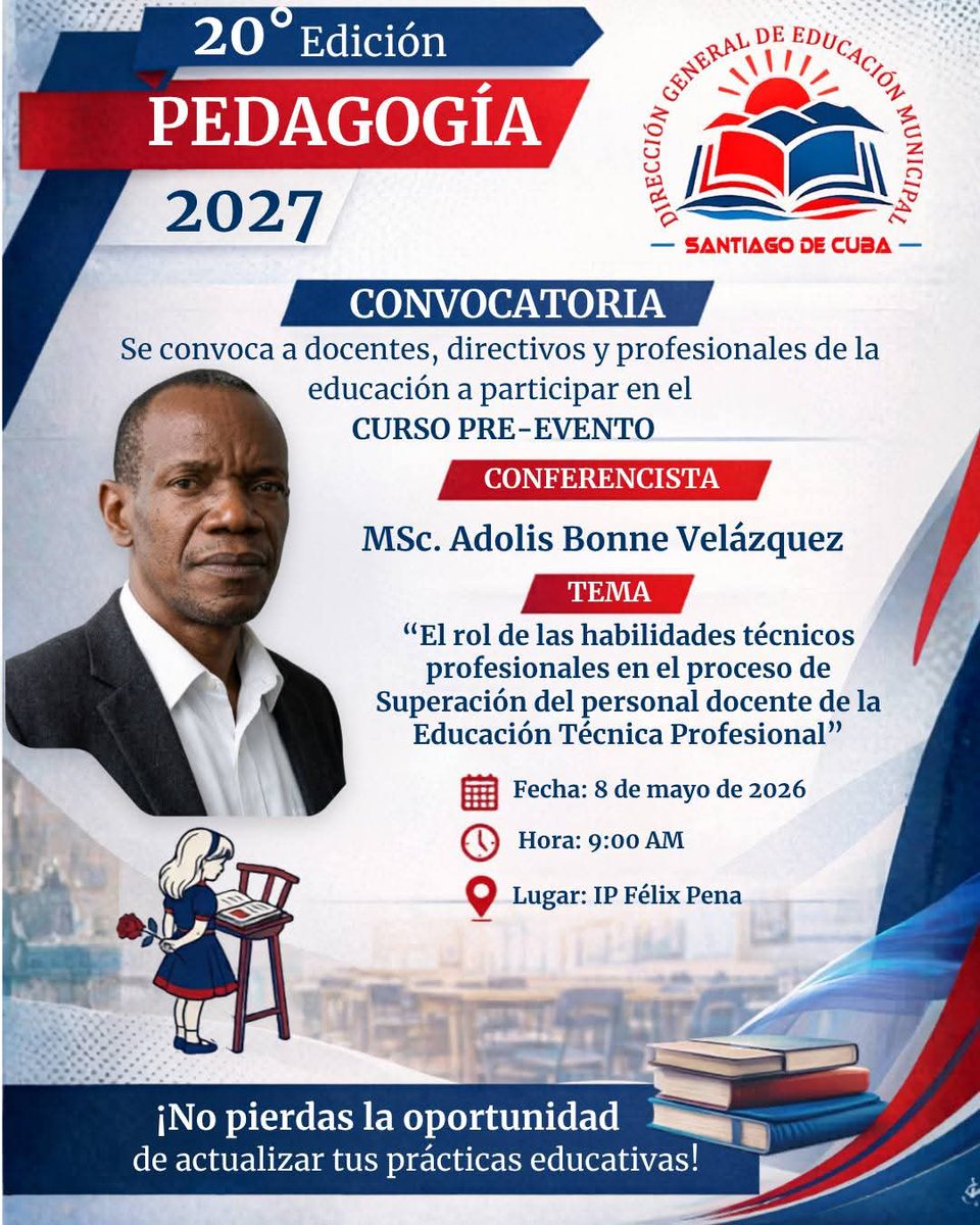 El Municipio Santiago de Cuba se prepara para la 20ª edición de los cursos preevento Pedagogía 2027, que tendrán lugar del 23 de abril al 8 de mayo.  
Con la participación de excelentes conferencistas y una amplia variedad de temas de actualidad. #dgpeducacion #CubaMined