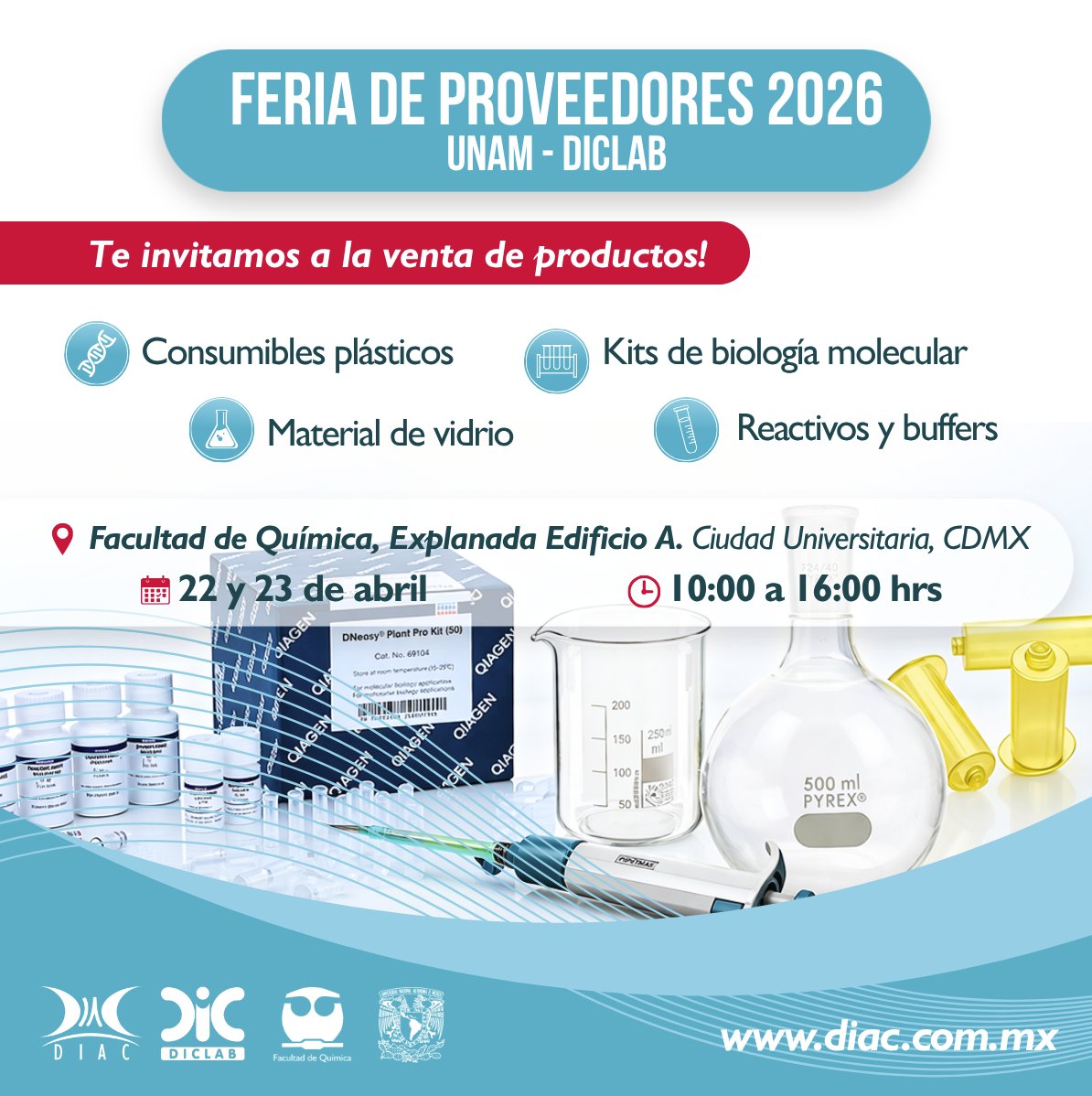 DIAC_MX's tweet photo. Te invitamos a la Feria de Proveedores de la UNAM en  @quimica_unam, Ciudad Universitaria, CDMX.
 *Stand: 18* @diclab 
Fecha: 22 y 23 de abril.
De 10:00 a 16:00 hrs.
#Expo #FQuimica #LaboratorioClinico #Diagnostico #DIACpresente #Prevencion #DIAC #FeriadeProveedoresUNAM #UNAM https://t.co/2IW454xBI8