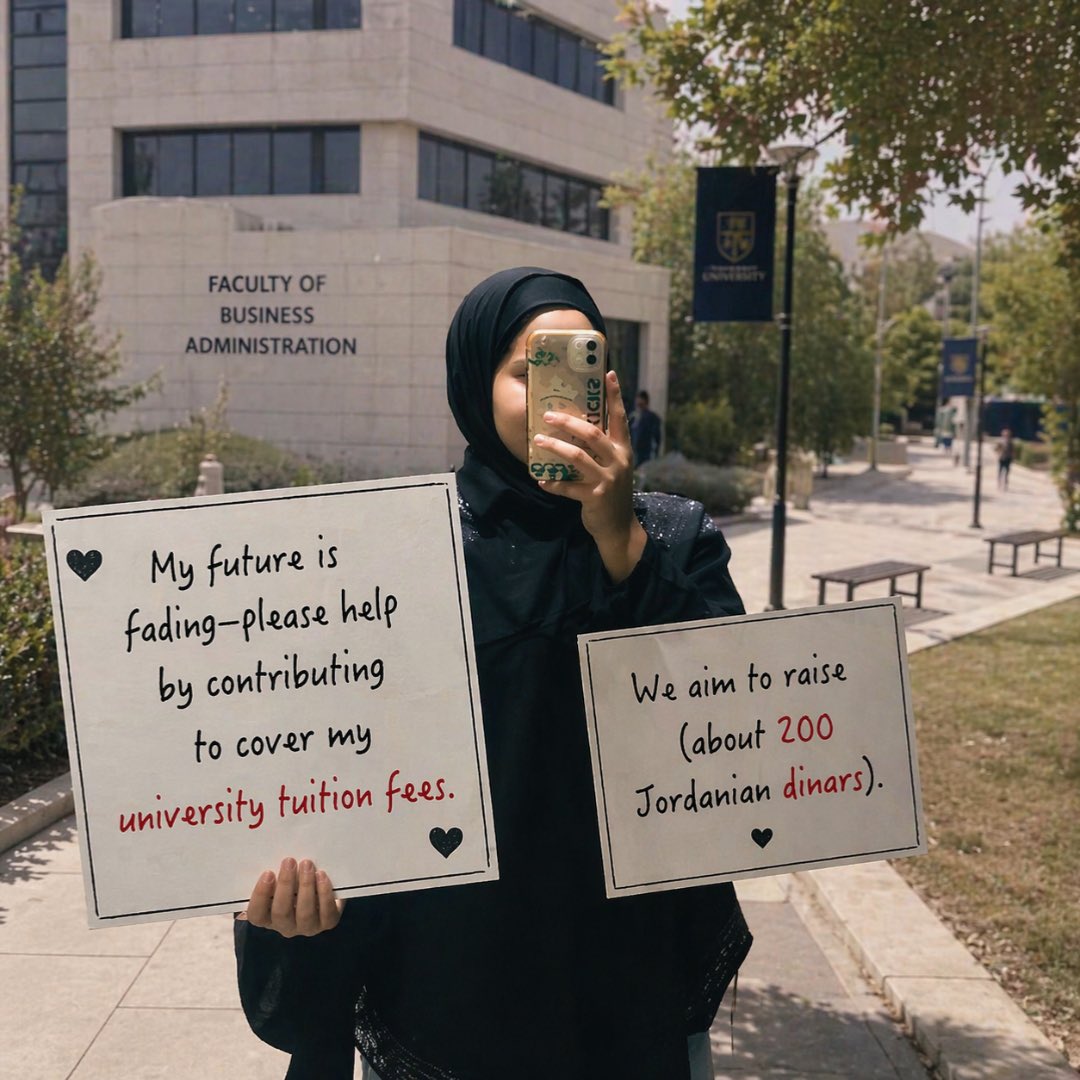 BaraaRamez2004's tweet image. I’m a university student struggling to pay my tuition. I need to raise 200 JOD to continue my education and build my future. Your support, no matter how small, makes a world of difference. 🙏📚
#gofundm #gaza #education 

.
gofund.me/472c2b0a