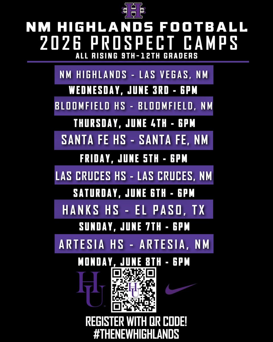 NMHUFootball's tweet image. 🚨Camp Update🚨
We will now be kicking our camp series off at home in Las Vegas!
Registration is open. Come out and compete in front of our staff!

@NMHUFootball 

#TheNewHighlands
#RepTheH