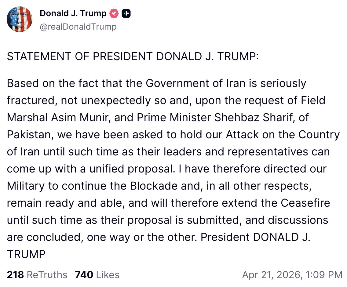 🚨🚨🚨🚨 BREAKING: Trump folds and says U.S. will delay potential attacks on Iran after request from Pakistani leaders, and says he is extending the ceasefire pending a “unified proposal” from Iranian leadership.
