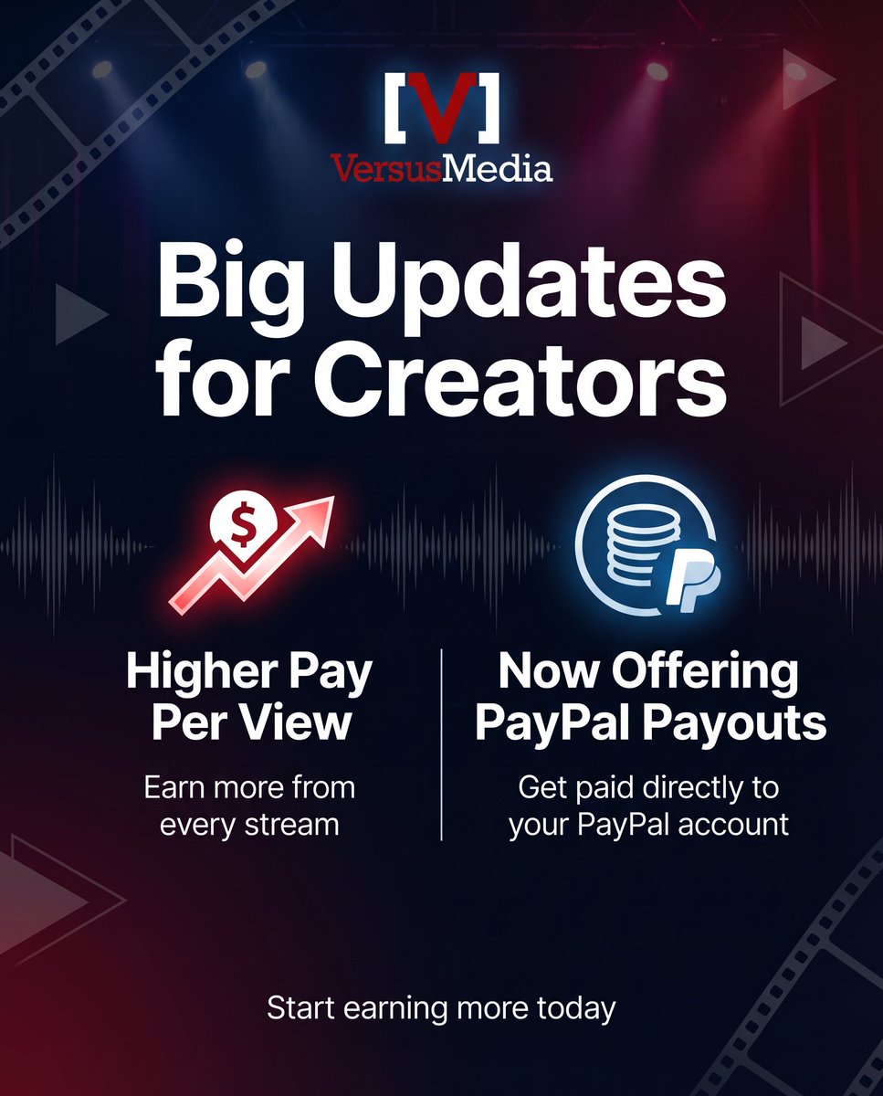 versusmedia's tweet image. Update! Higher Pay Per View earnings and PayPal payouts are now live. Earn more from every stream. versusmedia.com 
#Filmmakers #Creators #Roku #AppleTV #streaming