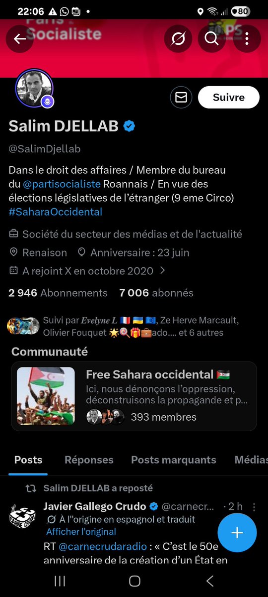 ChauveauJy's tweet image. Il suffit de lire le profil pour comprendre que la motivation de cr monsieur c’est l’anti Maroc". 
Le #partisocialiste Roanbaus vous êtes sur qu’avec de tel référents vous allez faire des voix en campagne ?