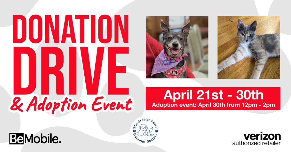 Londonderry, NH, help us support local animals in need!🩷 We’re hosting a donation drive through the end of April to collect items for The Greater Derry Humane Society.🐶🐱 Plus, join us on April 30 for a fun Pet Adoption Event!