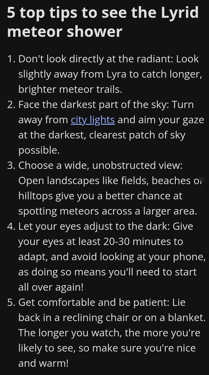 MarianRudnyk's tweet photo. 💥Make sure to look up tonight!
✨The annual #Lyrid #MeteorShower peaks tonite & is expected to dazzle us with ~20 meteors an hour! This shower is especially exciting because it has a history of unexpected surges of many bright #meteors!
☄️It comes from a trail of debri left behind by Comet Thatcher which was last here in 1861, because it takes 415.5 years to go around the sun.
🌠Where to look?
Although the meteors will appear to radiate from the NE by the bright star Vega, they can actually appear anywhere in the sky - so keep a wide view!
✨Best time to see the meteors blaze across the sky is between 10p tonight & dawn tomorrow. No telescope needed - just look up!
✨Happy viewing!🌠
