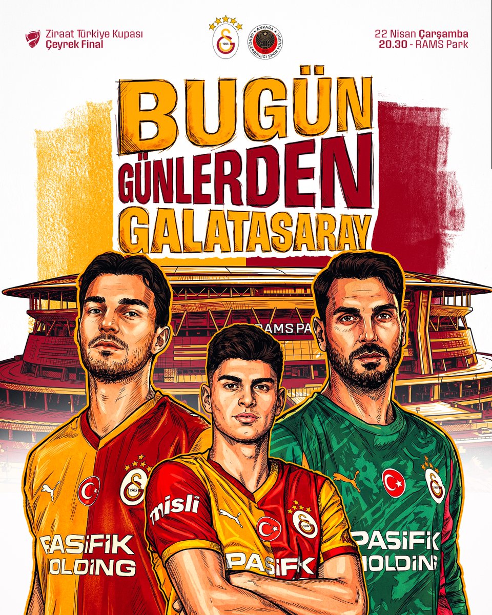 GalatasaraySK's tweet image. #BugünGünlerdenGALATASARAY 💪

🏆 Ziraat Türkiye Kupası 
🗓️ Çeyrek Final
⚽ N. D. Gençlerbirliği
📆 22.04.2026
⏰ 20.30
🏟️ Ali Sami Yen Spor Kompleksi RAMS Park
📲 #GSvGB