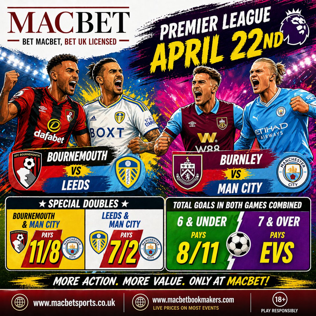 Macbet1972's tweet photo. ⚽️ BIG EPL NIGHT – APRIL 22 ⚽️

Two massive games. One BIG opportunity 👇

🍒 Bournemouth v Leeds
🔥 Burnley v Man City
💰 DOUBLES
11/8 Bournemouth & Man City
7/2 Leeds & Man City

🎯 GOALS COMBO (Both Matches)
8/11 – 6 & Under
EVS – 7 & Over
Are you backing goals or results tonight? 👀
👉 https://t.co/FOdSzcMP9v
 #BetUKLicensed