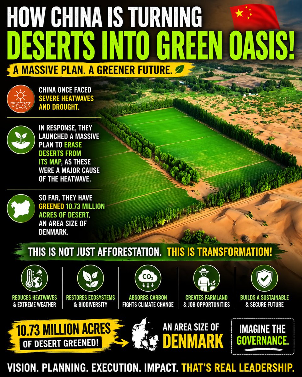 OmeyLad23's tweet image. How China Is Turning Deserts Into Green Land 🌱 | Massive Environmental Transformation
#china #environment #climatechange #desert #afforestation
#greenfuture #sustainability #globalnews #ecology #climateaction
#nature #environmentalprotection #worldnews #trendingnow #newsupdate