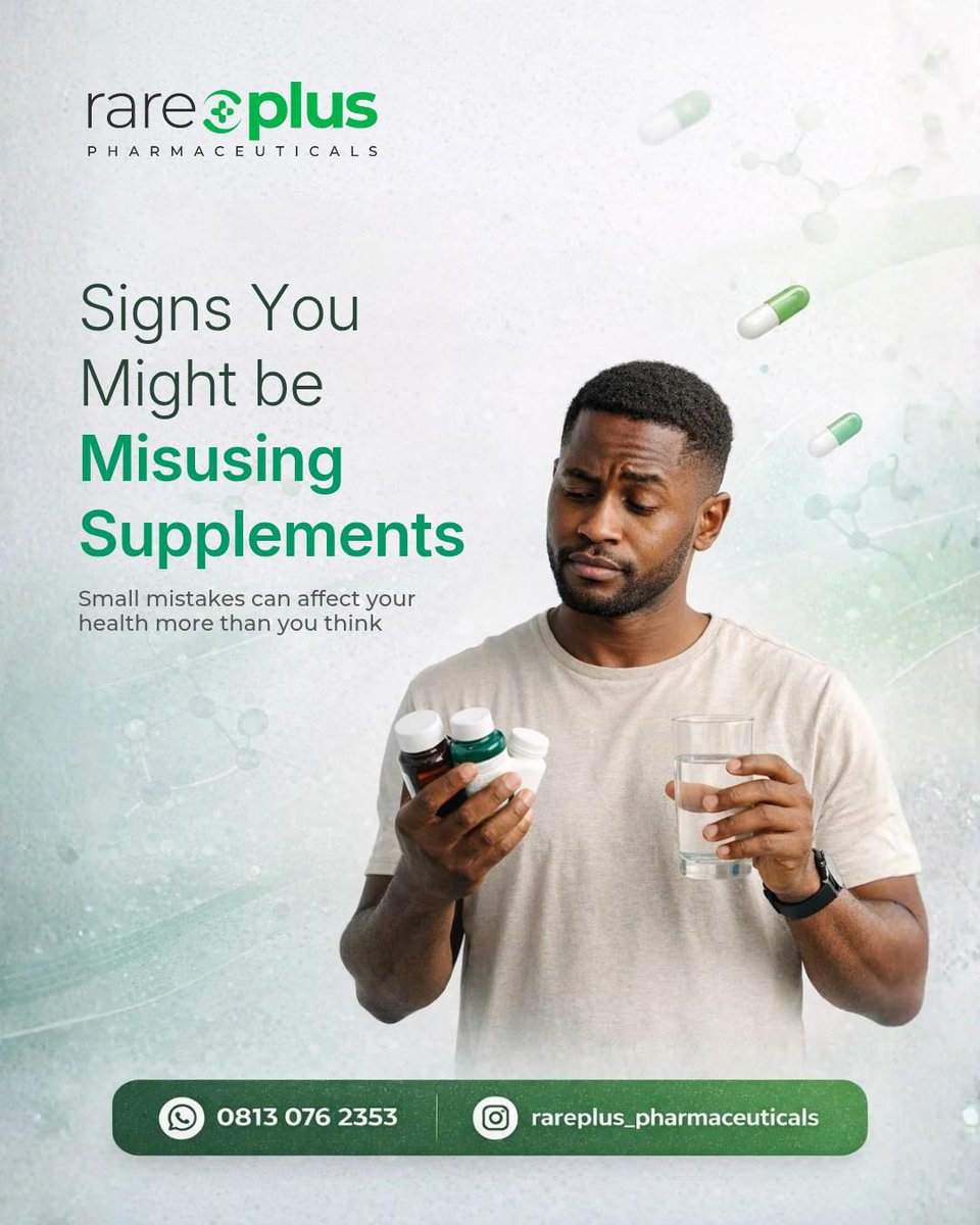 Rareplus_pharma's tweet photo. Are you misusing your supplements?

Common signs: No guidance, wrong dosage, mixing with meds, expecting fast results

Small mistakes can affect your health.

Not sure what’s right for you?
Visit https://t.co/HKFsaFgC8w or call +234 813 076 2353

#RarePlusPharm #MedicationSafety. https://t.co/1HZs51sSgr
