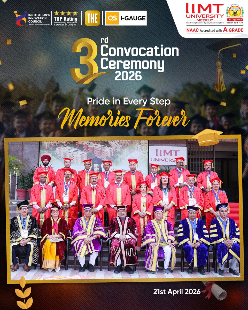 IIMT_U's tweet image. A day of pride &amp;amp; unforgettable milestones ✨

IIMT University marked its 3rd Convocation 2026 in the esteemed presence of Hon’ble Chief Guest C. P. Radhakrishnan. 🎓

Moments that will be cherished forever.

#IIMTUniversity #Convocation2026 #GraduationDay #ProudMoment