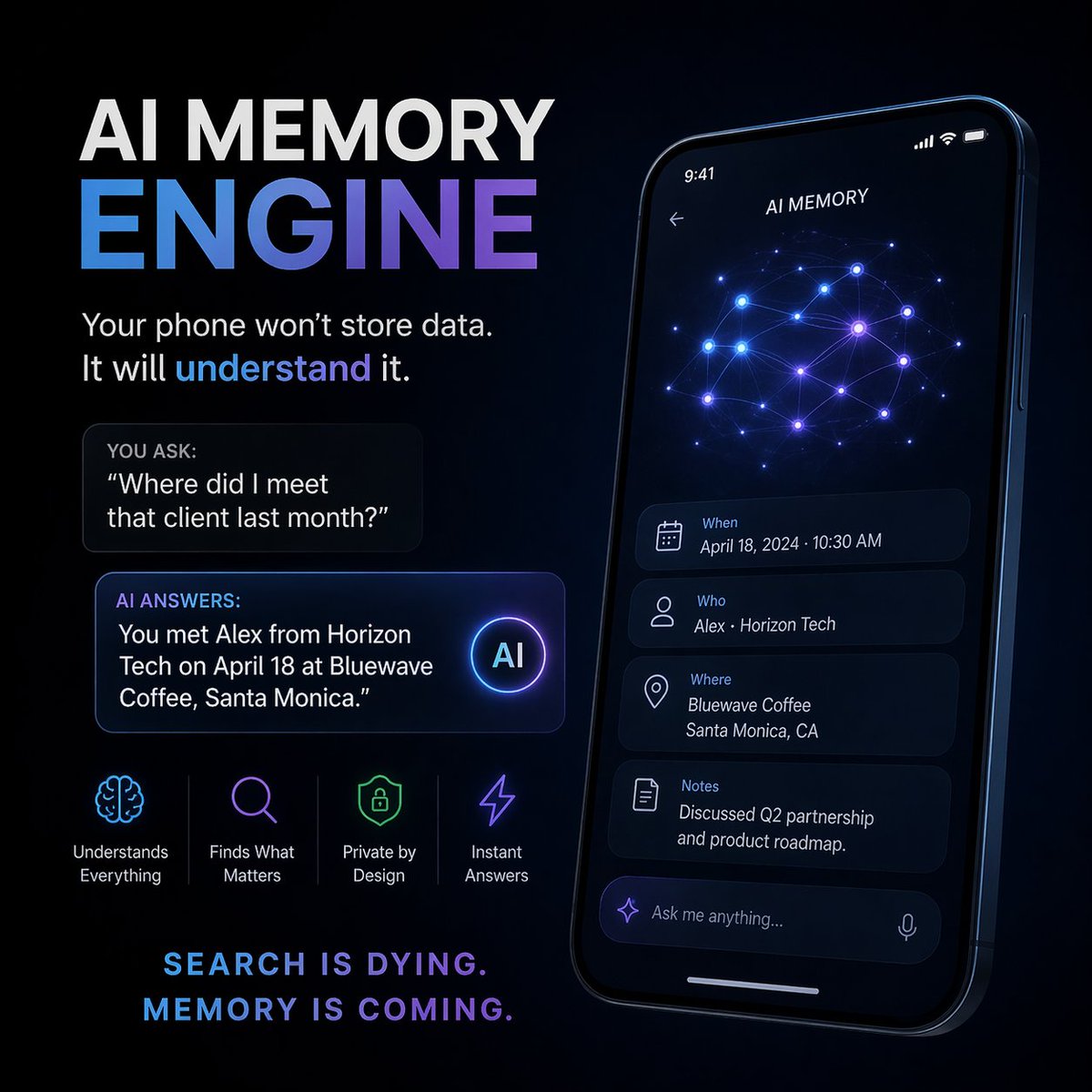 Adarsh_01ai's tweet image. New idea: “AI Memory Engine”

Your phone won’t store data.
It will understand it.
You ask:
“Where did I meet that client last month?”

And it answers instantly.
Search is dying.
Memory is coming.

#technalogia #mobilegame #TechTrends