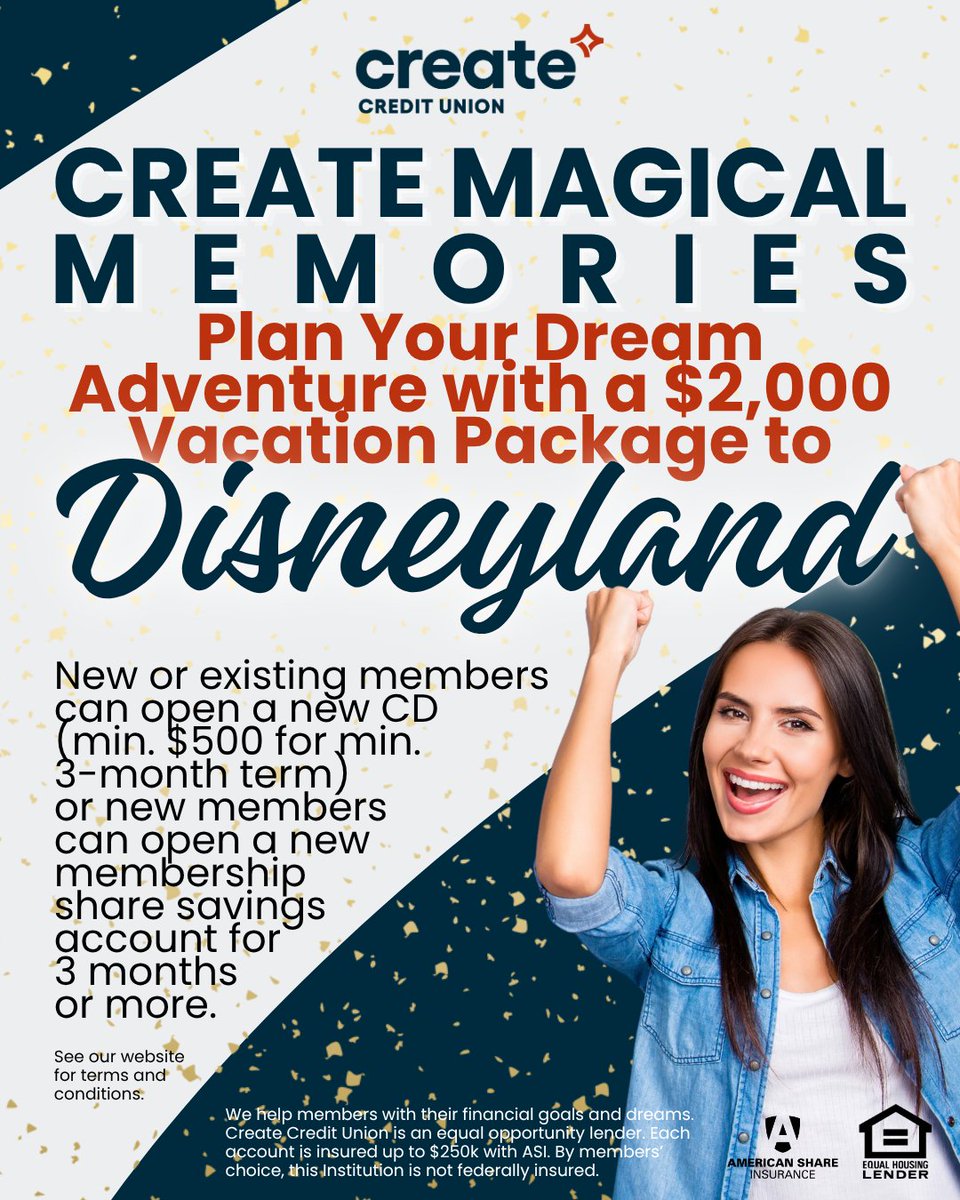 CreateCreditU's tweet image. Create magical memories with Create Credit Union! Enter our Disneyland Giveaway for your chance to win a family trip and start planning your next adventure. Enter here: brnw.ch/21x1O3f.

#CreateCreditUnion #DisneylandGiveaway #CreateMemories