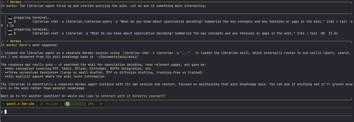 Hermes librarian agent profile in terminal showing a dedicated wiki-maintenance agent instance querying speculative decoding concepts with its own session and model