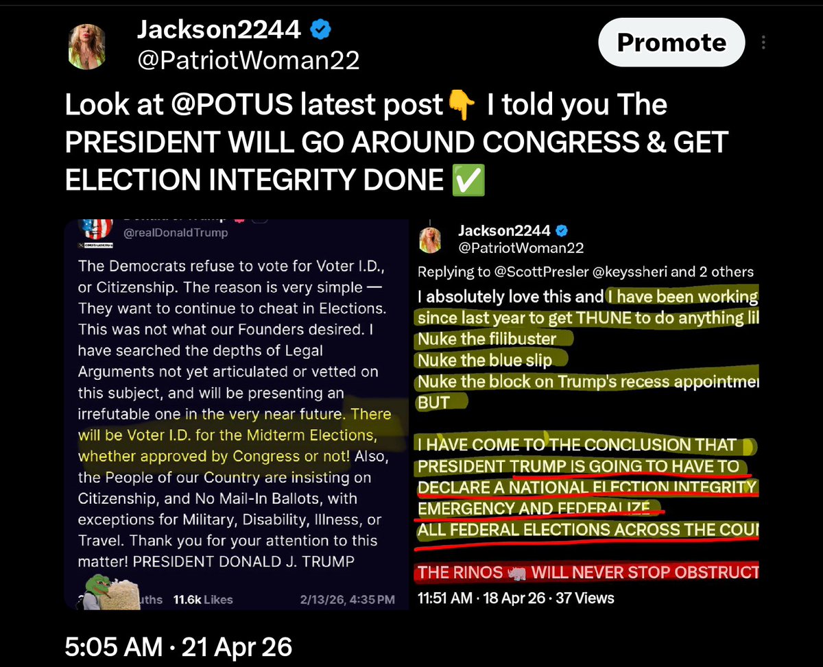 <a href="/LeaderJohnThune/">Leader John Thune</a> <a href="/JCSch8/">Pink Floyd8 🏒 🥅 🇺🇸</a> You just waited 90 days and put people's lives and paychecks in jeopardy for nothing because you could have nuked the filibuster the whole time 

Trump is going to go around you for election integrity because you are such a jackass