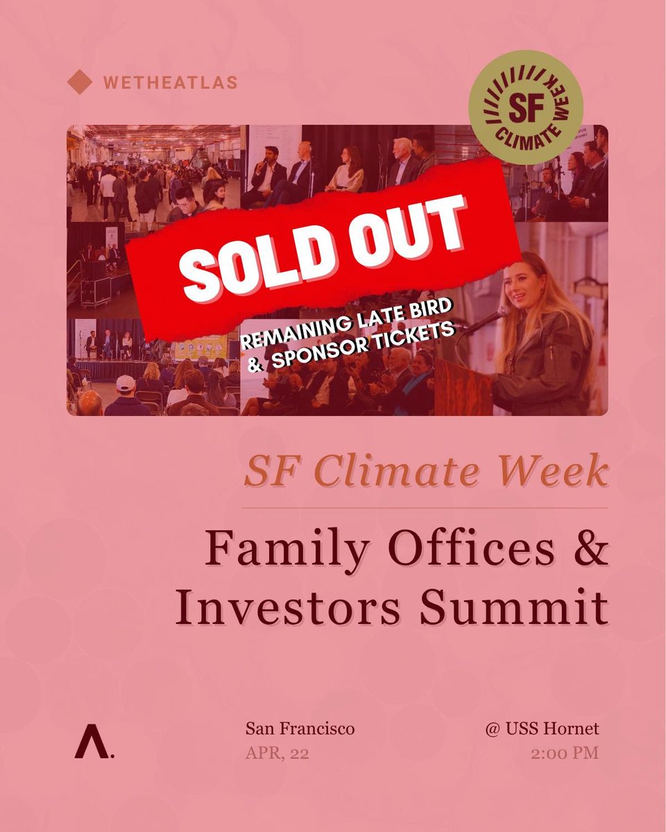 KenMaxxin's tweet photo. Discounted & Standard Tickets are sold out!

We're 1 day out from April 22, with 160+ spots confirmed. These final 10 are the last way in at a pre-door price — when they're gone, the only option is $999 at the door (please, register earlier and do not get to do that!).

3 ticket types still available today:

— Late Bird: $649 (5 tickets)
— Silver Sponsor: $2500 (2)
— Gold Sponsor: $5000 (1)

Who's already in the room:

Rockefeller, Bill & Melinda Gates Foundation, Salesforce, Cisco, Petronas, Schmidt Family Office, KKR, Temasek, Generation_, Cisco Foundation, SK Discovery, Manulife, Lowercarbon, DCVC, Breakthrough Energy, Jeff Bezos Earth Fund, Andreessen Horowitz and more.

$500B+ in represented assets from 40+ family offices attending.

What happens on April 22:

Over 60% are returning from last year. That number speaks for itself.

5 panels. 28 confirmed speakers.

— Panels on family office investing, LP/GP relationships, frontier tech, energy abundance, and climate adaptation

— Curated LP-GPs matchmaking, Founders to VCs matchmaking via our pre-event booking platform (✅ already 100+ booking made!)

— A room where every conversation can become a capital raise, a 10 years relationship, a new believer.

Last year alone, over $35M in capital from family offices and CVCs flowed toward GPs and founders tracked through this summit.

The mission is simple: connect fast-moving capital with the people building resilient infrastructure, clean energy, and the next Industrial Renaissance.

🚨 If you are actively fundraising and did not buy our Silver or Gold sponsor package, you are missing out on:

-Curated f2f investors intros during the event by our dedicated matchmaking team.

-Post event via warm email introductions with the LPs and investors you need!

🚨 Last 2 Silver and 1 Gold sponsors packages are open next 6 hours.

✅ We do not accept walk in so make sure you got your QR codes tickets with you on your phone.

If someone in your network belongs in this room — a dealflow contact, a portfolio company, a colleague — forward this now!