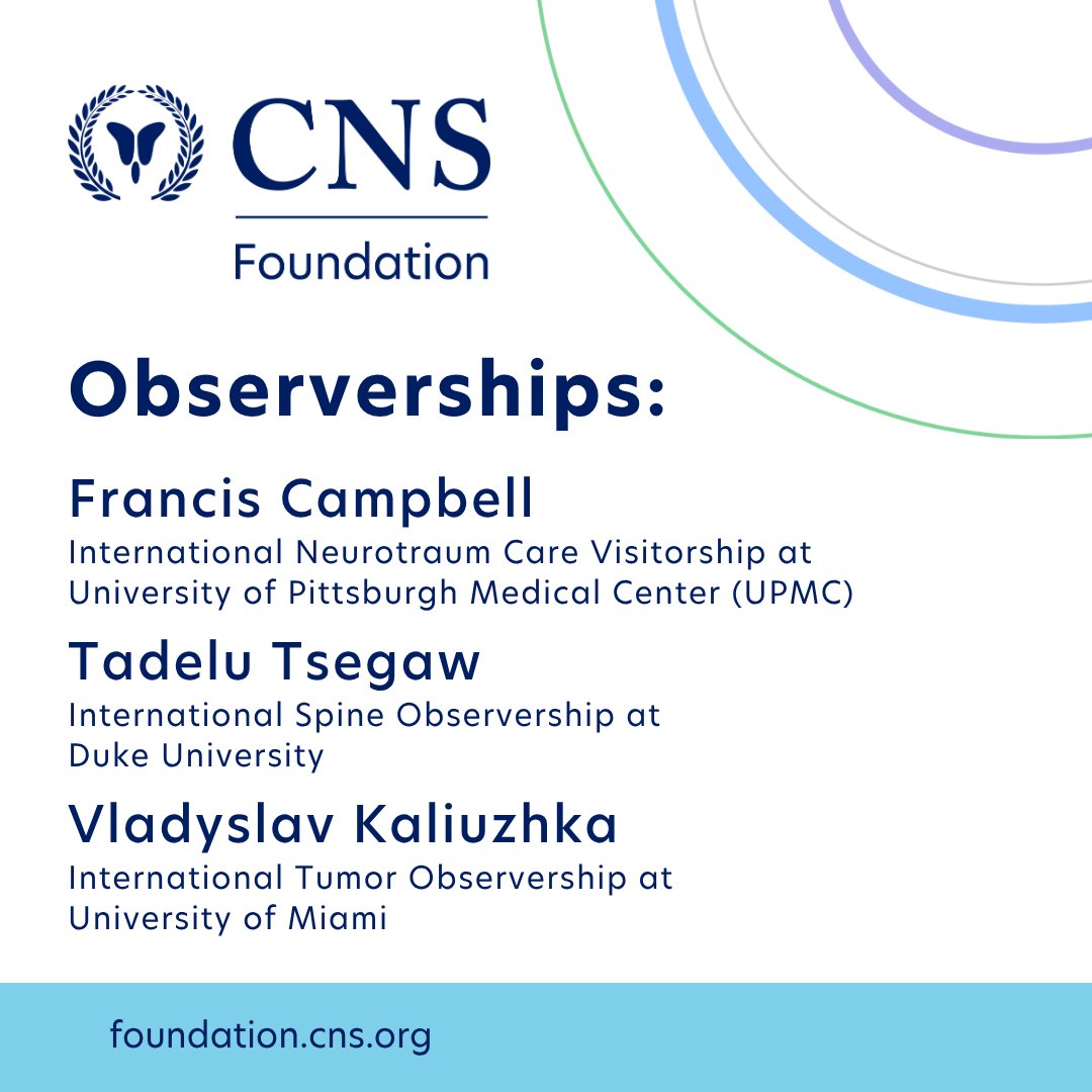 CNS_Update's tweet image. Congratulations to all the 2026 CNS Foundation Awardees—we can't wait to see what you will accomplish! Thank you to everyone who applied. For the full list and previous winners visit: bit.ly/3OVmR2a
#CNSF #awards #neurosurgeons