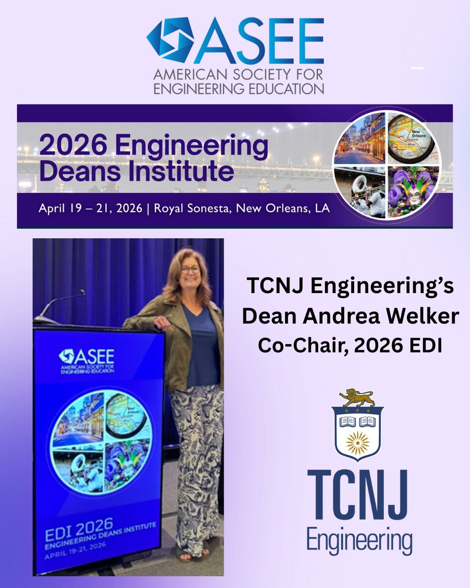 EngineeringTcnj's tweet photo. We’re so proud of Dean Andrea Welker, representing #TCNJEngineering on the national stage!

As Co-Chair of the @ASEE_HQ 2026 Engineering Deans Institute in New Orleans, she’s joining 150+ leaders to shape the future of #engineering education. 

#TCNJ #ASEE #EDI2026 #NOLA https://t.co/WlvUu96Tjf