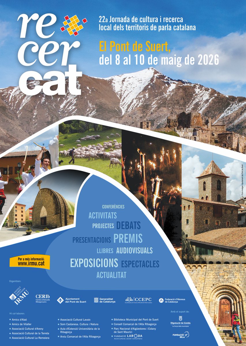 Tic,tac..arriba 22a edició #Recercat2026: 8-10 maig us experem a #ElPontdeSuert <a href="/iramunt/">Institut Ramon Muntaner</a> <a href="/ccentresestudis/">Coordinadora Centres d'Estudis de Parla Catalana</a> <a href="/AteneusCat/">Federació d'Ateneus de Catalunya</a> <a href="/cultpopular_cat/">Cultura Popular</a> <a href="/cultura_cat/">Cultura</a> <a href="/IEILleida/">INSTITUT D'ESTUDIS ILERDENCS</a> <a href="/DiputacioLleida/">Diputació de Lleida</a> <a href="/SOMPirineu/">SOMPirineu - IDAPA</a>  <a href="/ajvilaller/">Ajuntament Vilaller</a> <a href="/AjValldeBoi/">Ajuntament de la Vall de Boí</a>  <a href="/CCAltaRibagorca/">CC Alta Ribagorça</a> <a href="/AltaRibagorca/">Turisme Alta Ribagorça</a> <a href="/ComarcaRibagorz/">Comarca de Ribagorza</a> <a href="/ribagorzaturism/">turismo ribagorza</a>