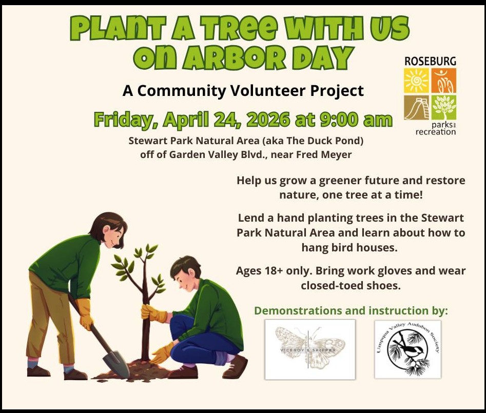 RRoseburg Parks and Recreation invites everyone 18 and older to celebrate Arbor Day by planting 20 poplar or Oregon white oak trees along Newton Creek in the Stewart Park Natural Area at 9 a.m. Friday. Meet in the parking lot.

More: tinyurl.com/ytw2ft48
#Oregon #trees